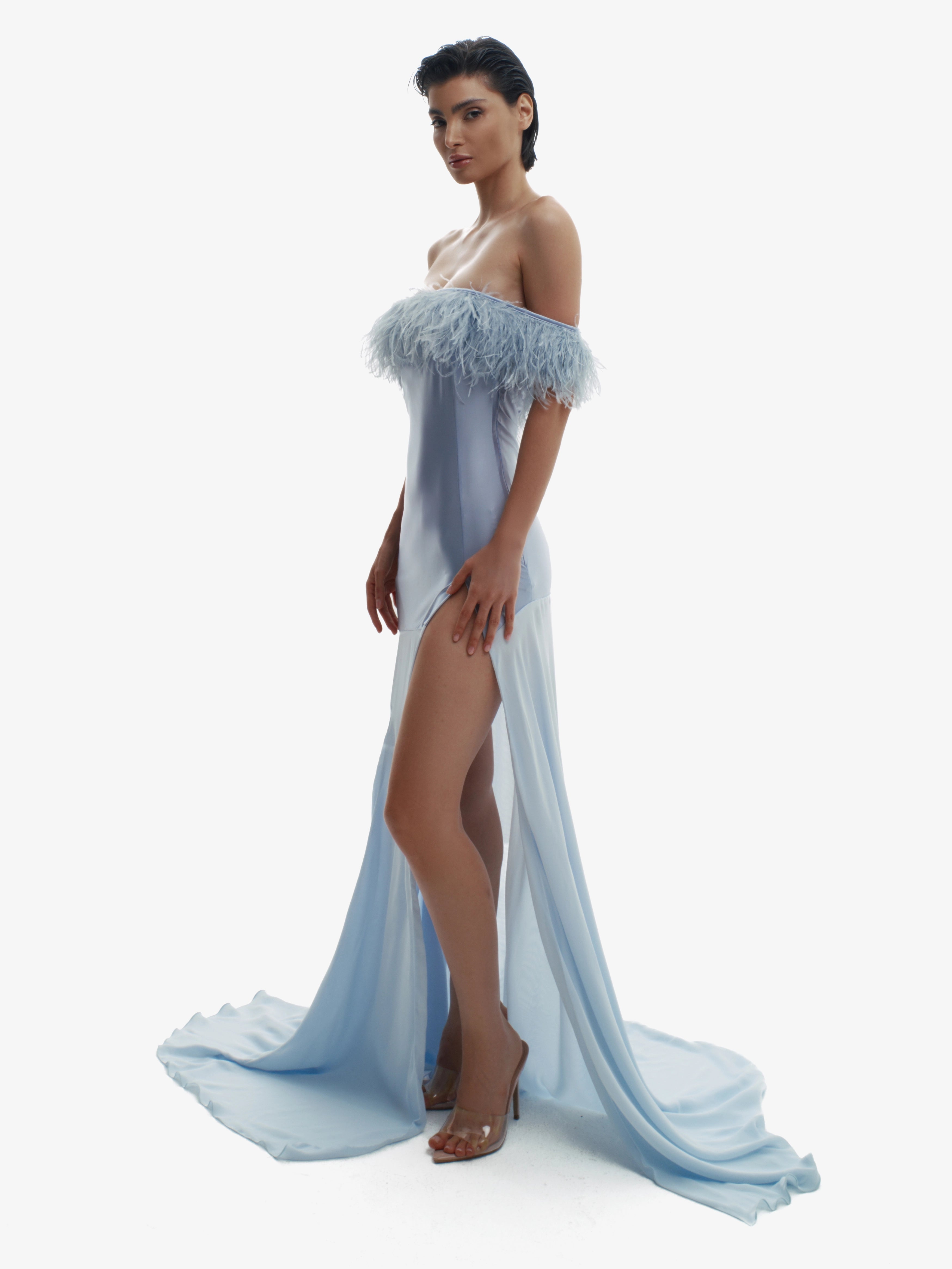 Woman wearing a light blue evening gown with feathered shoulder details on a white background