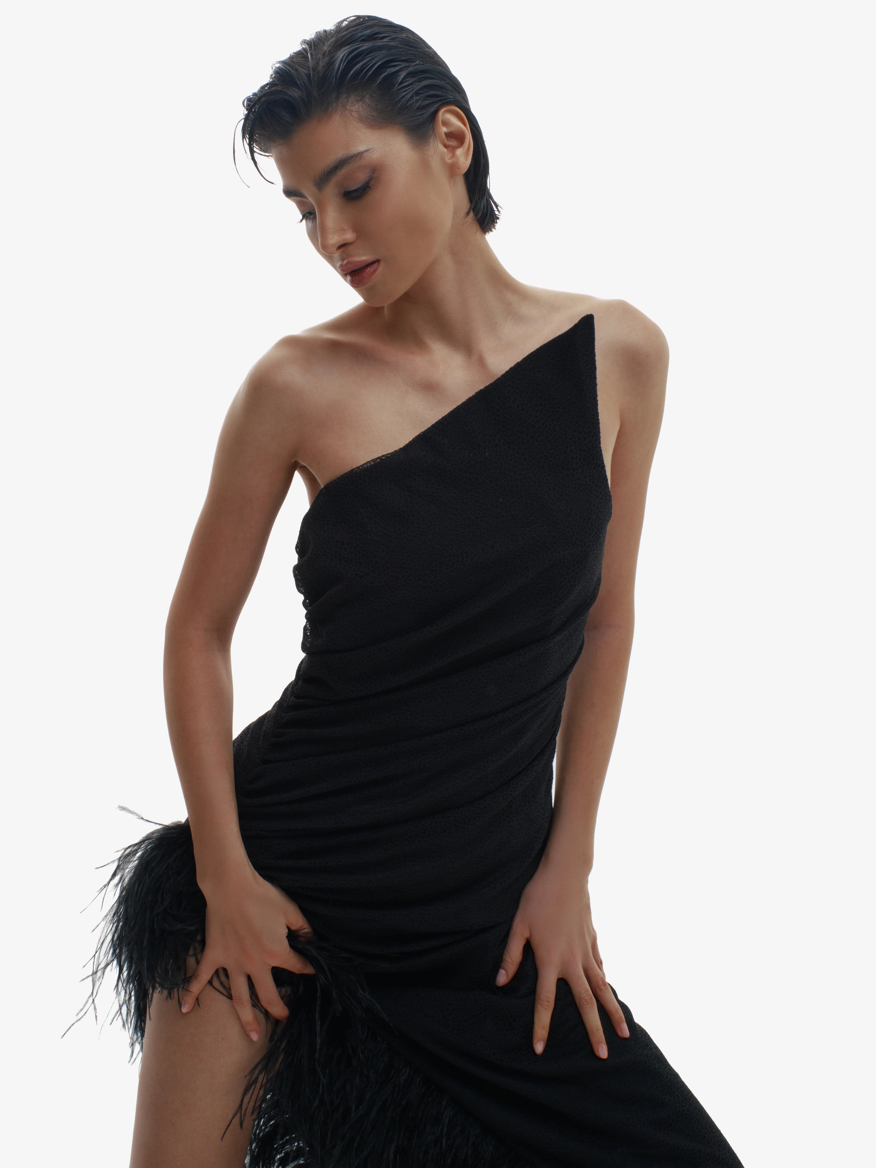 Woman wearing a black one-shoulder dress with feather details on a white background