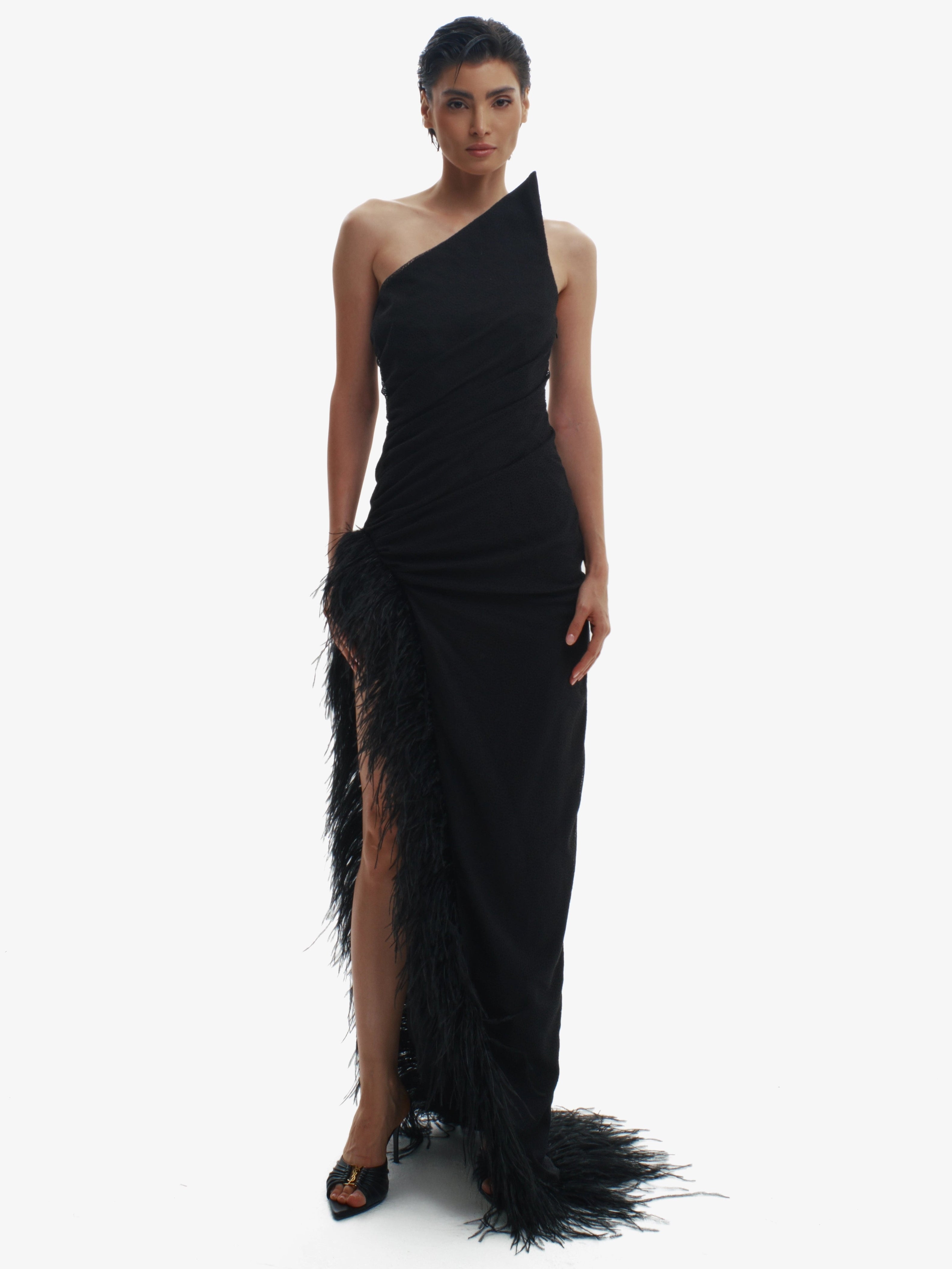Woman wearing a black one-shoulder gown with feather details on a white background
