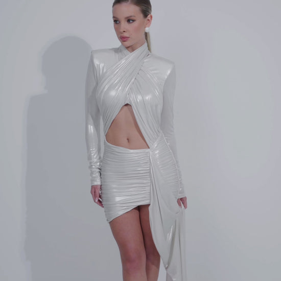Silver polished metallic dress, daring and unforgettable, luxury party wear.